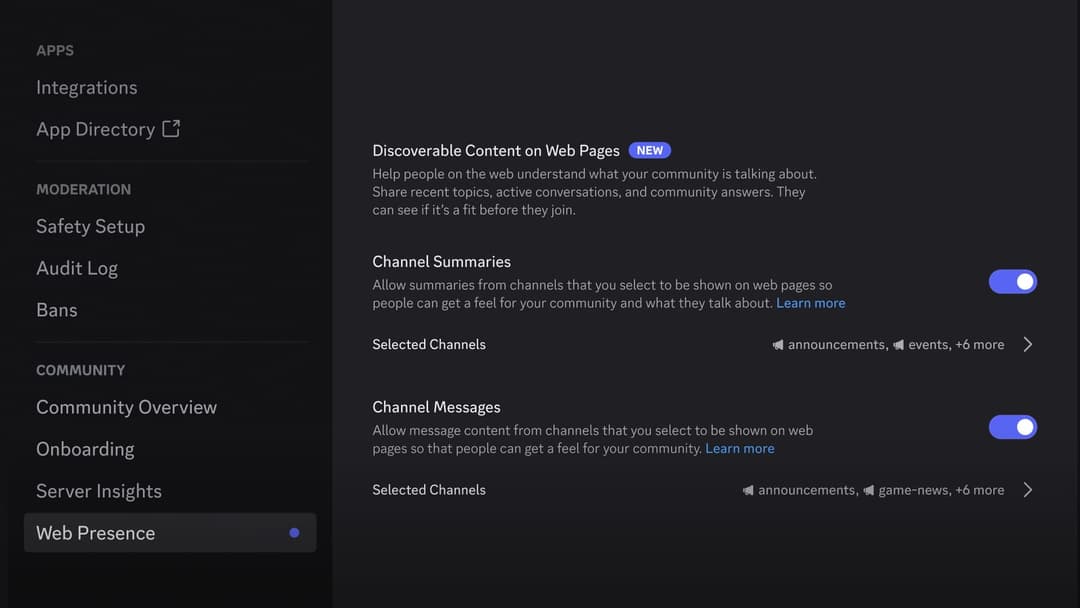 A Discord server settings screen on the Web Presence page shows the "Discoverable Content on Web Pages" section marked NEW, with Channel Summaries and Channel Messages toggles both enabled. Selected channels such as announcements, events, and game-news are listed.