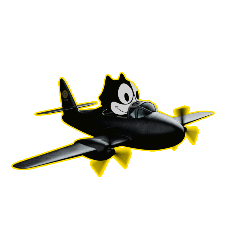 The image depicts a black cat with white paws and a white nose, wearing a white collar, and a white mustache, sitting in the cockpit of a black airplane. The airplane has two yellow propellers and a yellow tail fin. The cat is positioned centrally in the image, facing towards the right side. The airplane and cat are ou