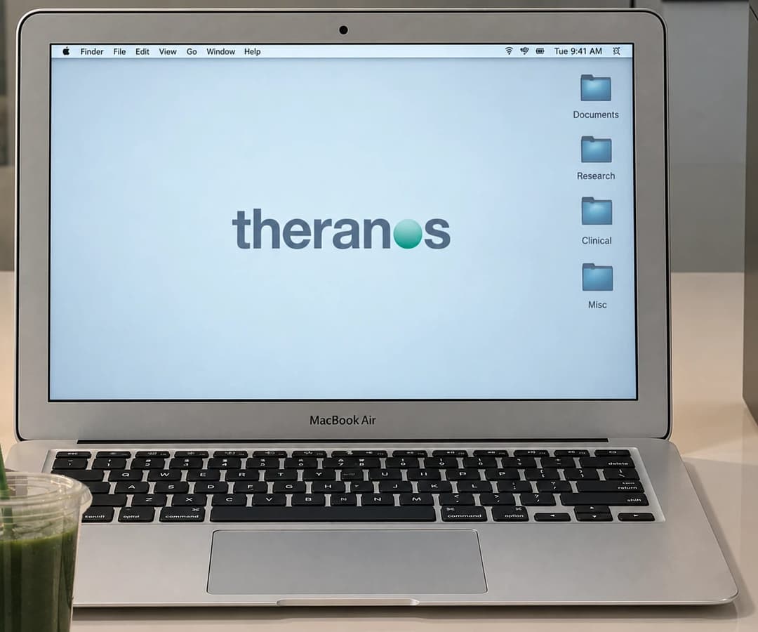 The image shows a silver MacBook Air laptop with a black keyboard and trackpad, open and displaying the Finder application. The Finder window is currently open, and the desktop background is a light blue color. The word "theranos" is prominently displayed in the center of the screen, with a small green circle next to i