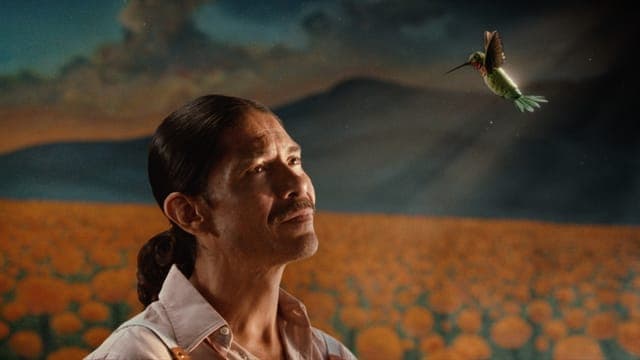 The image shows a man with long dark hair and a mustache, wearing a light pink or peach-colored collared shirt, looking up at a hummingbird in mid-flight. The hummingbird is a vibrant green color with a red beak and is flying towards the right side of the image. The background features a painted landscape with a field