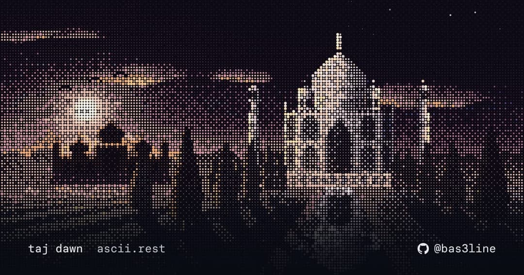 The image presents a digital art piece that captures the Taj Mahal at night. The Taj Mahal, a white marble mausoleum, is the central focus, illuminated by a soft glow that contrasts with the dark night sky. The surrounding area is rendered in a pixelated style, with a mix of dark and light colors, creating a sense of d