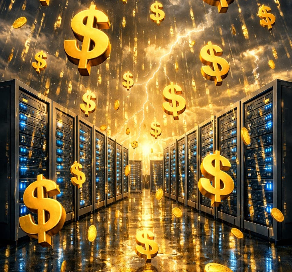 A digital illustration of a server room with rows of blue-lit server racks under a stormy, golden sky with lightning. Large and small gold dollar-sign coins fall through the air and reflect on the wet floor. No visible text.