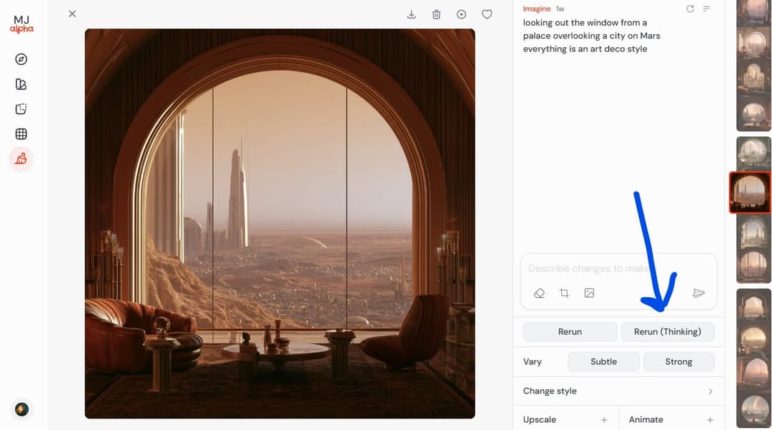 The image shows a screenshot of a design software interface, possibly Adobe Photoshop, with a large window displaying a futuristic cityscape. The cityscape features tall, slender buildings, including a prominent skyscraper, and a large, arched window that frames the view. The window is set against a backdrop of a deser