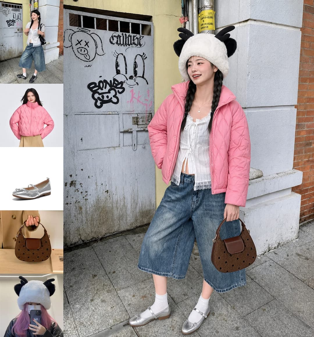 The image is a collage of six photos featuring a young woman standing in front of a white building with graffiti on its door. She is wearing a pink puffer jacket, a white lace top, blue jeans, and silver shoes. She is also wearing a white panda-themed hat with black antlers. In the first photo, she is wearing a pink pu