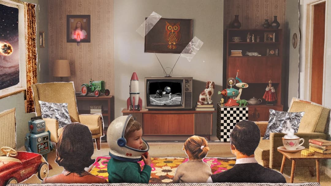 This image depicts a retro-futuristic living room with a family gathered around a television set. The television, which is displaying a picture of the moon landing, is situated on a wooden entertainment center. The room features a retro-style couch, a coffee table with a teacup and saucer, and a small table with a stac