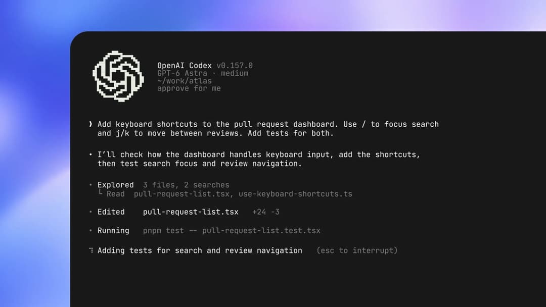 The image shows a terminal window displaying the OpenAI Codex v0.157.0 GPT-6 Astra, a medium-sized Linux distribution. The code editor is open, and the code is being edited, with the command "pcm test --push-request-list.txt test.txt" being executed. The code includes a function called "add_keyboard_shortcuts" that add