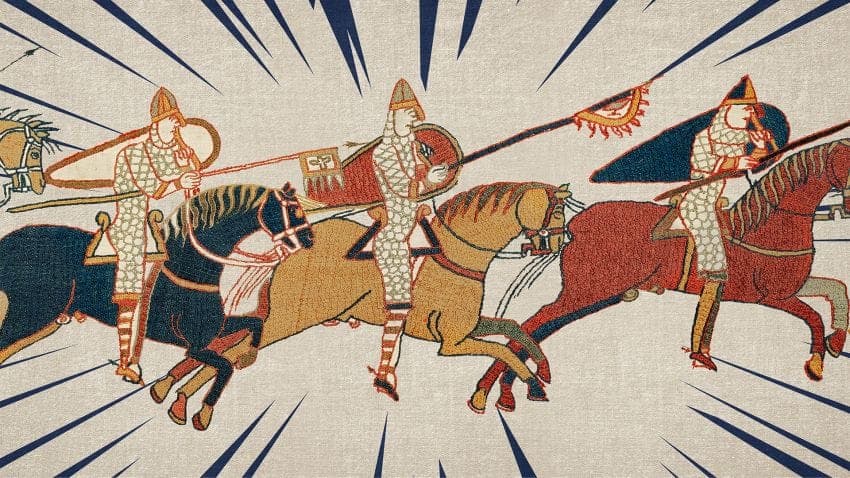 The image depicts a medieval scene featuring four knights on horseback, each wearing a helmet and armor. The knights are engaged in a battle, with one holding a shield and spear, another a sword, and the others holding a flag. The horses are adorned with various colors, including black, brown, and tan, and are gallopin