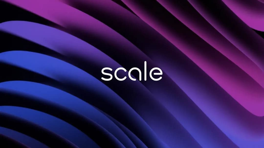 The image presents a digital art piece featuring a gradient background that transitions from dark purple/black at the top to a vibrant blue at the bottom. The gradient is created by a series of curved lines that appear to be layered, giving a sense of depth and dimension. The word "scale" is prominently displayed in wh