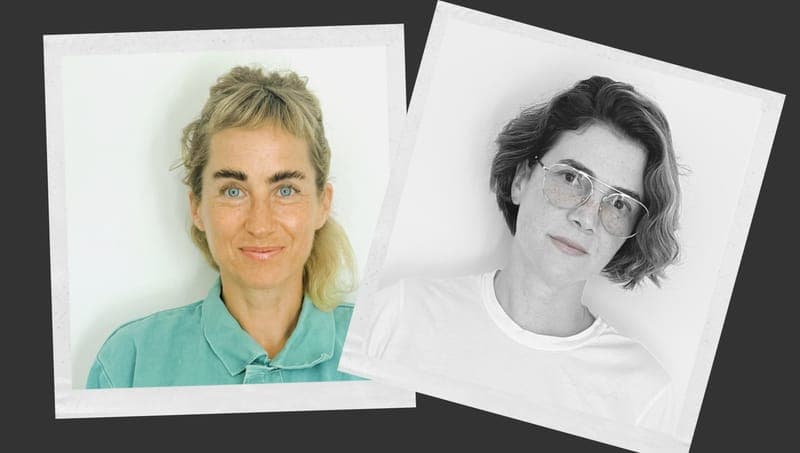 The image presents two photographs of the same person, a woman with blonde hair and blue eyes, positioned side by side against a stark white background. The photograph on the left shows her in a light teal or turquoise collared shirt, while the photograph on the right shows her in a white t-shirt. The woman in both pho