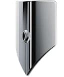 The image presents a close-up view of a metallic object, possibly a piece of hardware or a decorative element. The object is predominantly silver in color and has a slightly curved or bent shape, giving it a unique appearance. It features a small, circular hole near the top, and a series of small, evenly spaced dots al