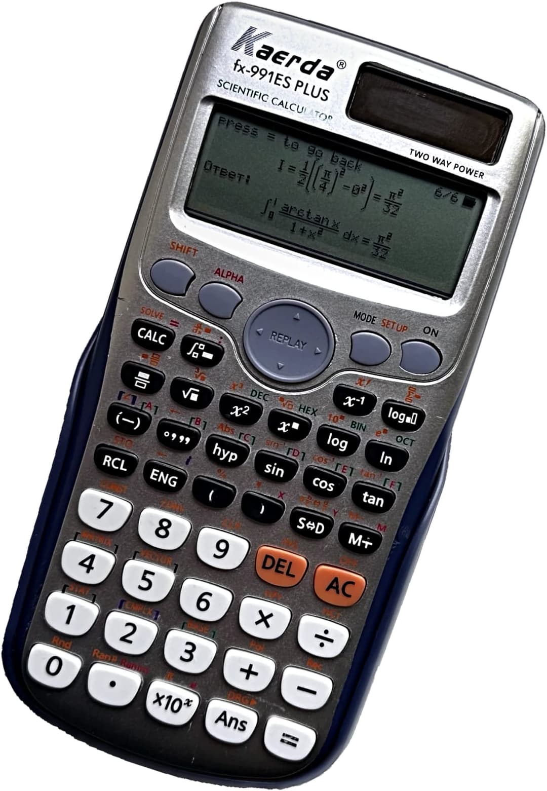 The image shows a Kaerdra FX-991E Plus scientific calculator, a two-way power calculator, with a silver and black color scheme. The calculator is open, displaying a mathematical expression that includes the Greek letter pi (π) and the square root symbol (��). The display shows a value of approximately 0.5. The calculat
