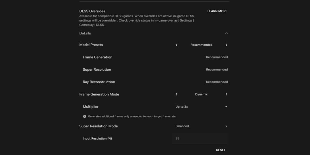 The image presents a screenshot of a video game settings menu, specifically focusing on the "DLSS Overrides" section. The menu is primarily black text on a white background, with the title "DLSS Overrides" at the top. The text explains that DLSS Overrides are available for compatible DLSS games and that the game's sett