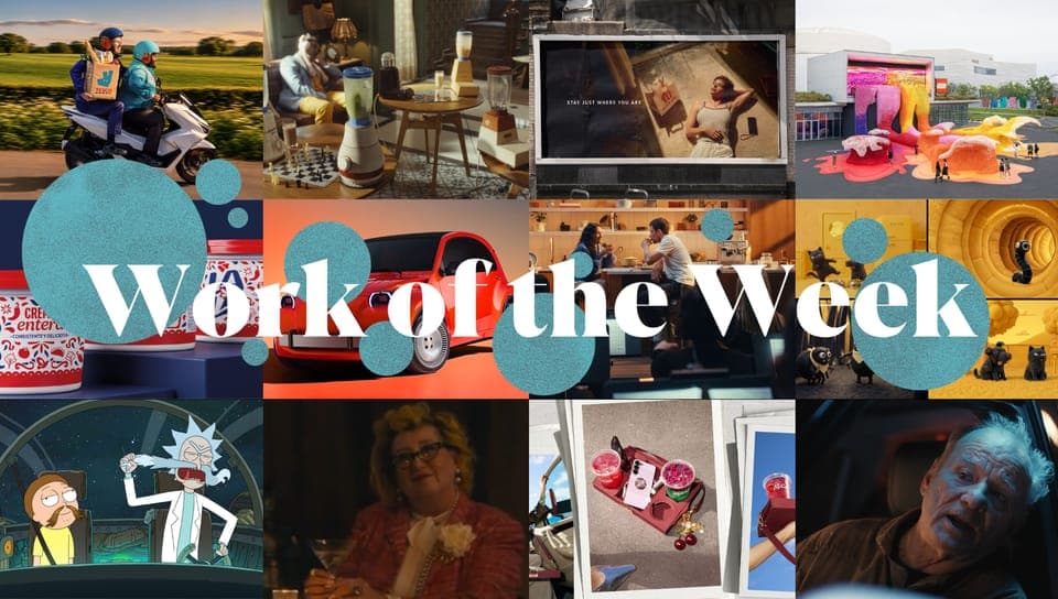 The image is a collage of 12 distinct photos, each with a unique color scheme and theme. The photos are arranged in a 3x4 grid, with the title "Work of the Week" in bold white letters at the center. The collage includes a variety of scenes, such as a couple riding a motor scooter, a man and woman sitting at a table wit