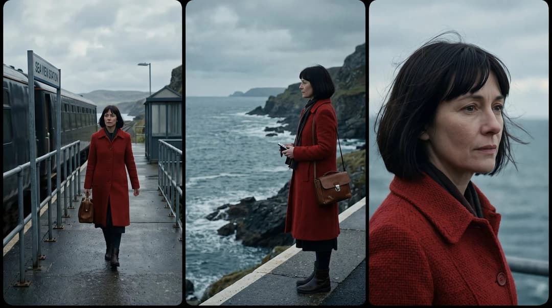 The image is a triptych, a three-part work of art, featuring a woman in a vibrant red coat standing on a concrete platform overlooking a vast ocean. The woman is holding a brown purse and appears to be looking out at the ocean. The platform is bordered by a metal railing, and a train is visible in the background. The o