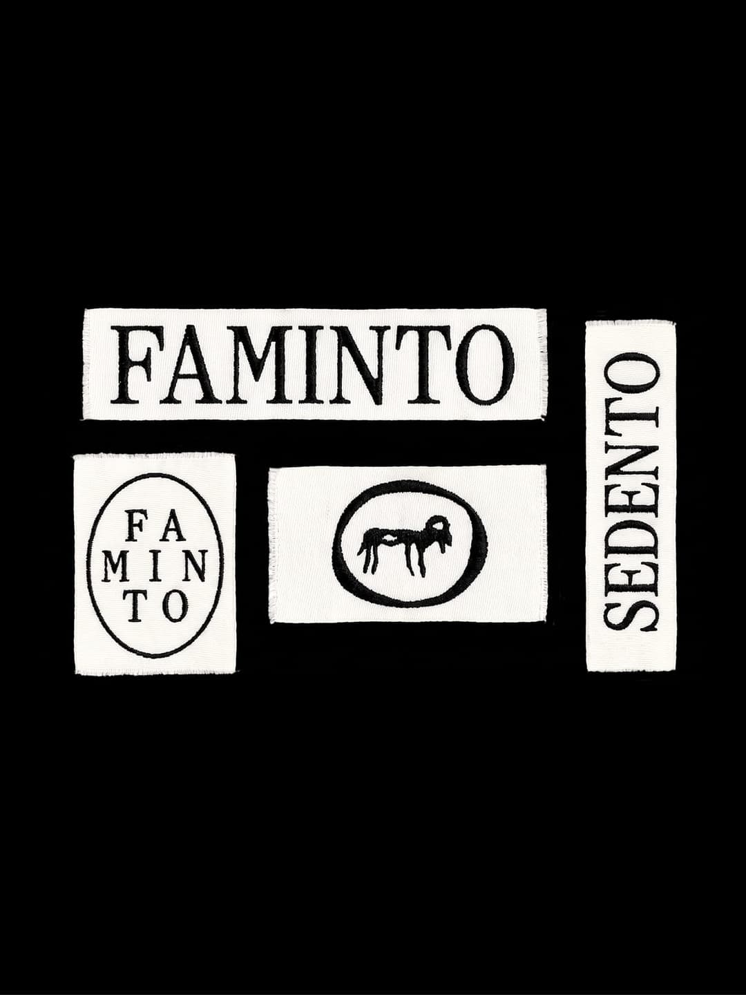 The image presents a collection of three rectangular stickers arranged in a horizontal row against a black background. The stickers are white with black text and illustrations. The top sticker displays the word "FAMINTO" in a bold, black font. The middle sticker features a black silhouette of a horse within an oval. Th