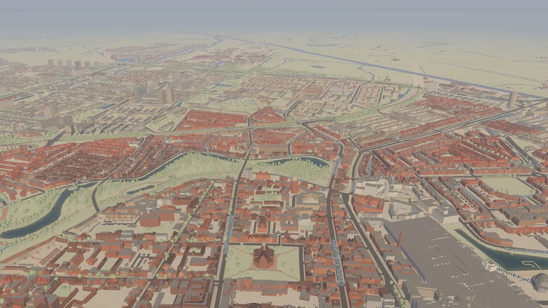 The image presents a bird's eye view of a city, likely a European city, with a complex network of roads and buildings. The cityscape is dominated by a mix of red and brown buildings, interspersed with patches of green spaces, including parks and what appear to be canals or waterways. The city is situated on a flat, lig