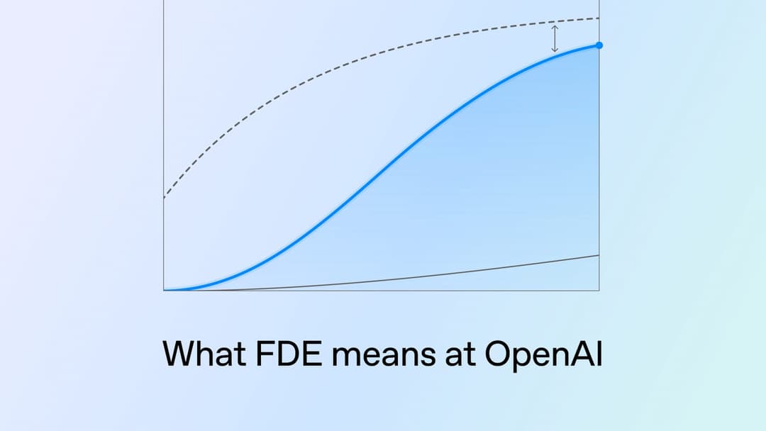 A chart graphic on a pale blue gradient with a solid blue S-shaped curve filled in light blue, a dashed gray curve above it with a double-headed arrow showing the gap, and a thin gray curve below. The caption beneath reads "What FDE means at OpenAI".