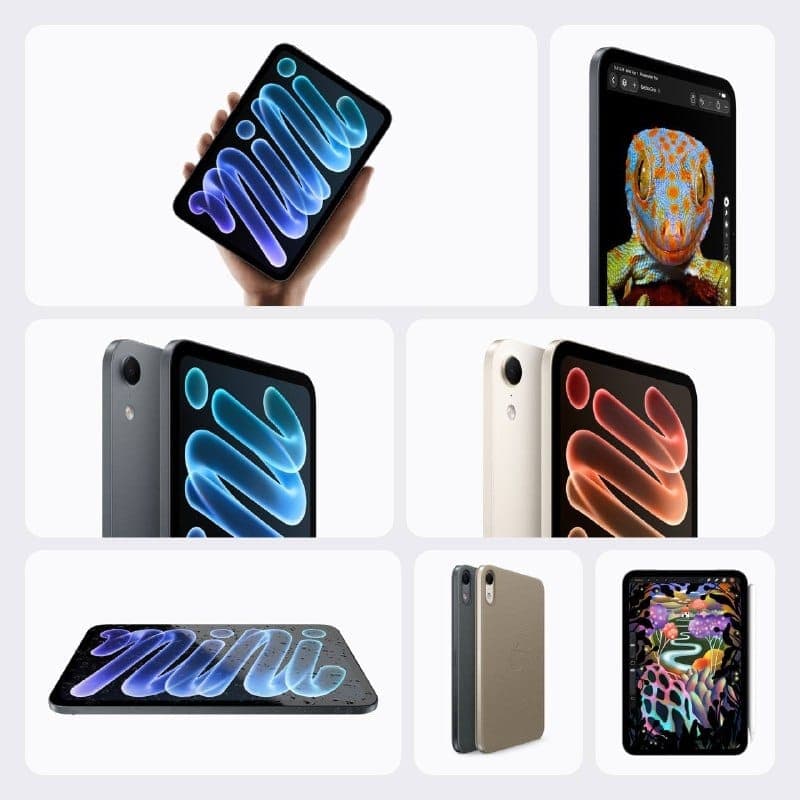 The image presents a collection of six Apple devices, each showcasing a unique design and color scheme. The devices are arranged in two rows of three, with a black phone on the top row and a gold phone on the bottom row. The top row features a black phone with a vibrant blue and purple design, a gold phone with a strik