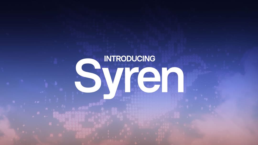 The image presents a digital advertisement for a company named Syren. The background is a gradient of blue and purple, with a subtle pink/orange tint, creating a sense of depth and dimension. The company's name, "Syren," is prominently displayed in white text, positioned centrally and slightly tilted to the right. Abov