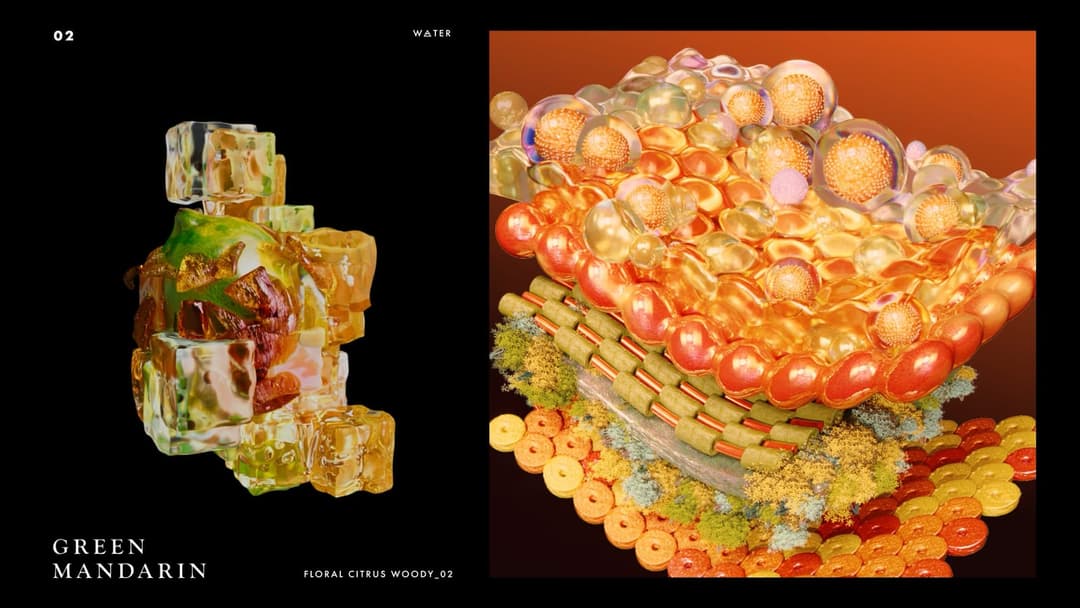 The image is a collage composed of two distinct sections. The left section features a collection of translucent, faceted objects, possibly made of glass or plastic, in shades of yellow, orange, and green. The right section showcases a vibrant and intricate arrangement of small, round objects, possibly made of plastic o