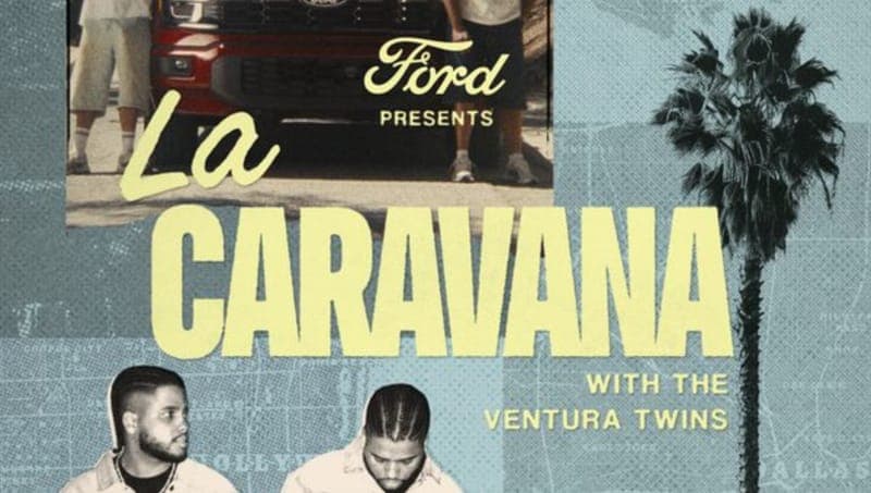The image is a vibrant poster for a concert titled "La Caravana" presented by Ford. The poster features a striking color scheme of yellow and blue, with the title "La Caravana" in bold yellow letters at the top. The Ford logo is prominently displayed in the top left corner. The concert is described as "With the Ventura